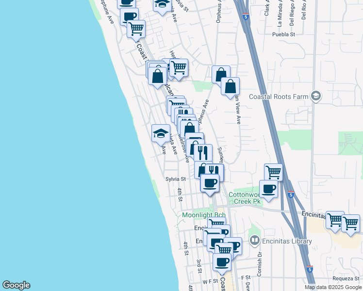 map of restaurants, bars, coffee shops, grocery stores, and more near 274 North Coast Highway 101 in Encinitas