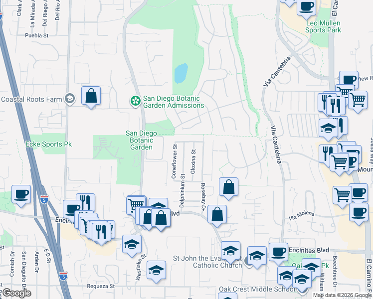 map of restaurants, bars, coffee shops, grocery stores, and more near 259 Delphinium Street in Encinitas