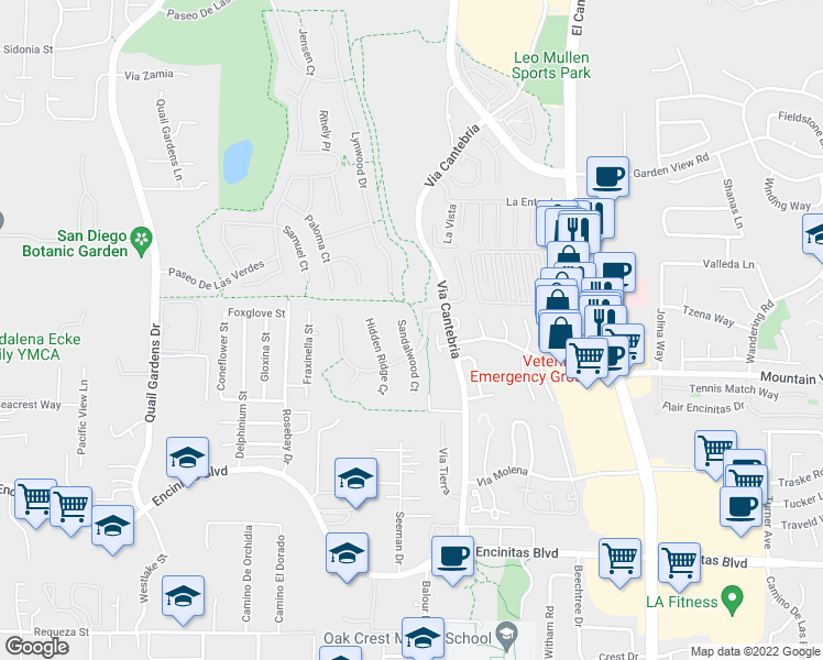 map of restaurants, bars, coffee shops, grocery stores, and more near 467 Sandalwood Court in Encinitas