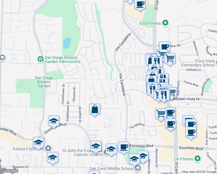 map of restaurants, bars, coffee shops, grocery stores, and more near 468 Sandalwood Court in Encinitas
