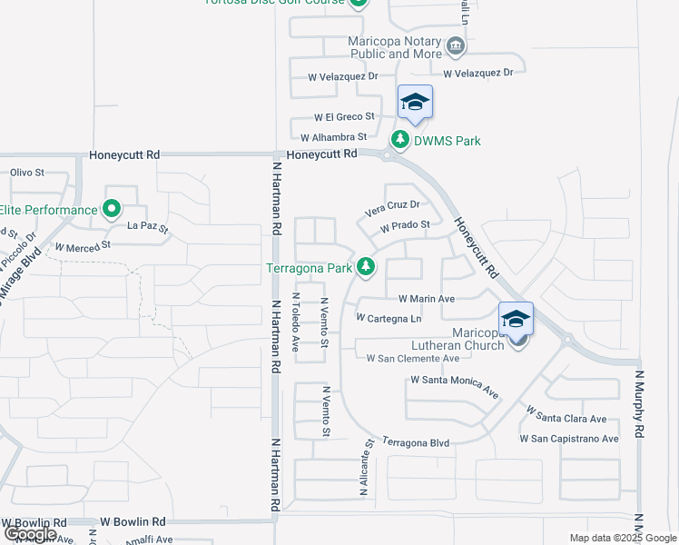 map of restaurants, bars, coffee shops, grocery stores, and more near 36425 West Montserrat Street in Maricopa