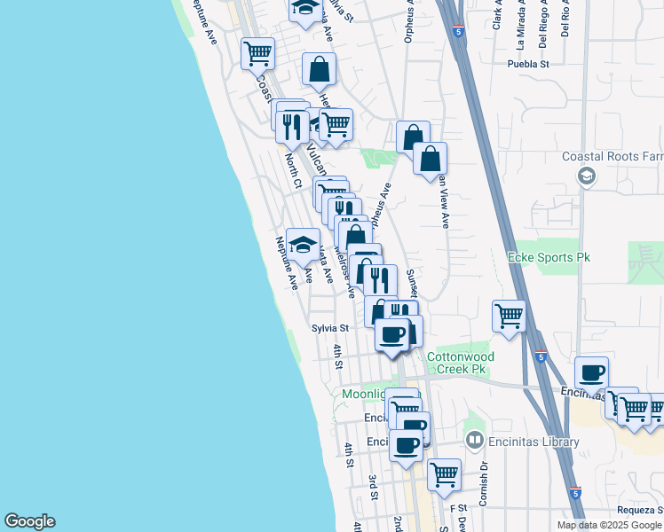 map of restaurants, bars, coffee shops, grocery stores, and more near 274 North Coast Highway 101 in Encinitas