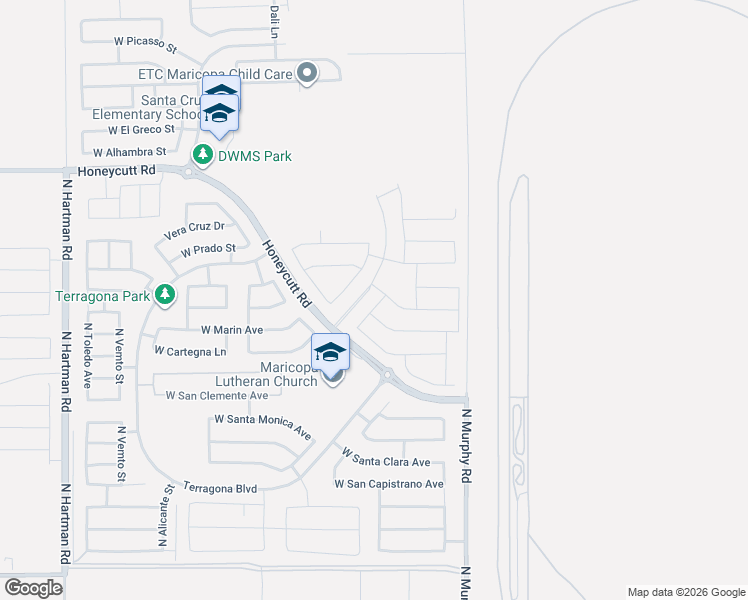 map of restaurants, bars, coffee shops, grocery stores, and more near 35448 Honeycutt Road in Maricopa