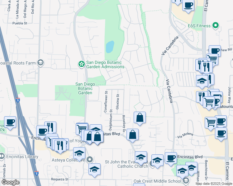 map of restaurants, bars, coffee shops, grocery stores, and more near 736 Foxglove Street in Encinitas