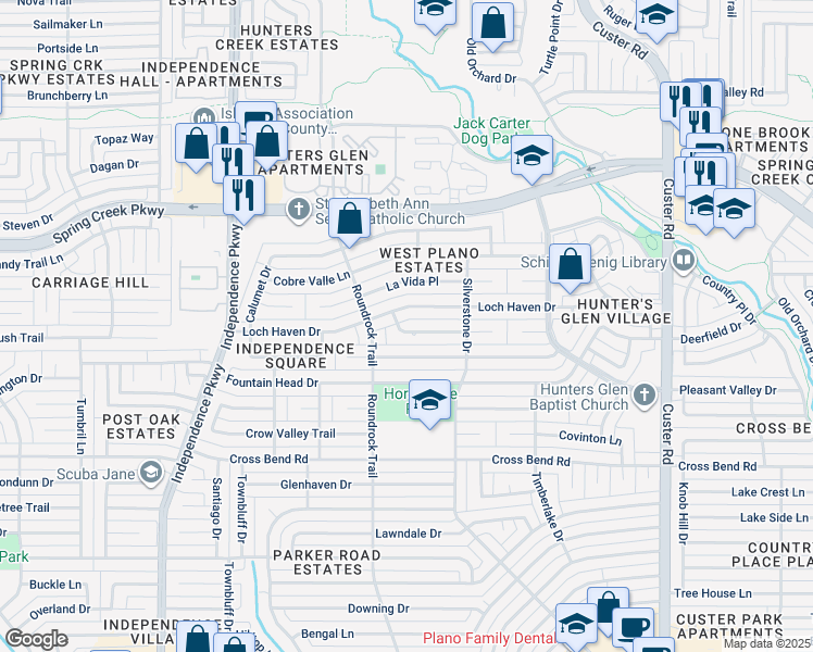 map of restaurants, bars, coffee shops, grocery stores, and more near 2520 Loch Haven Drive in Plano