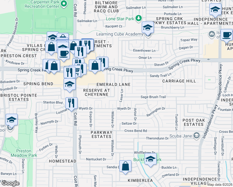 map of restaurants, bars, coffee shops, grocery stores, and more near 5117 Teddington Park Drive in Plano