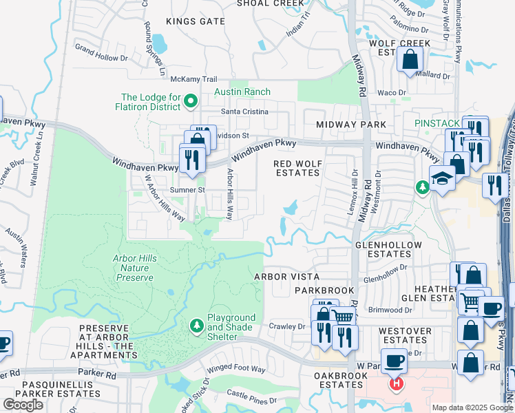 map of restaurants, bars, coffee shops, grocery stores, and more near 6750 Sumner Street in The Colony