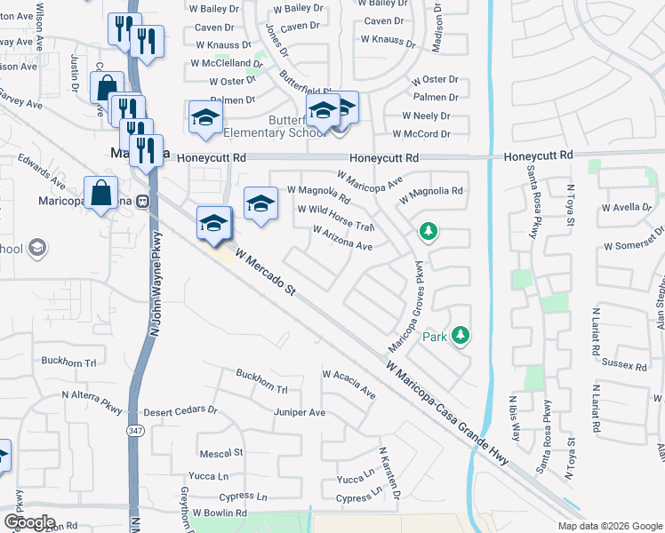 map of restaurants, bars, coffee shops, grocery stores, and more near 43798 West Elizabeth Avenue in Maricopa