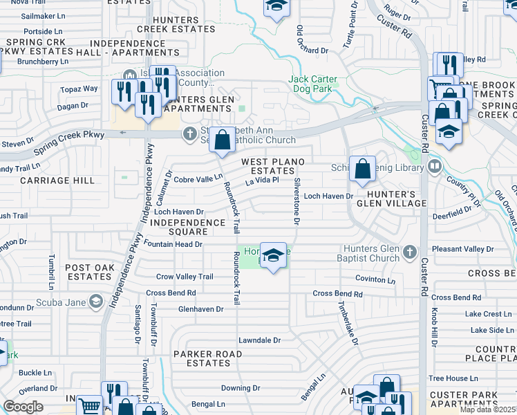 map of restaurants, bars, coffee shops, grocery stores, and more near 2520 Loch Haven Drive in Plano