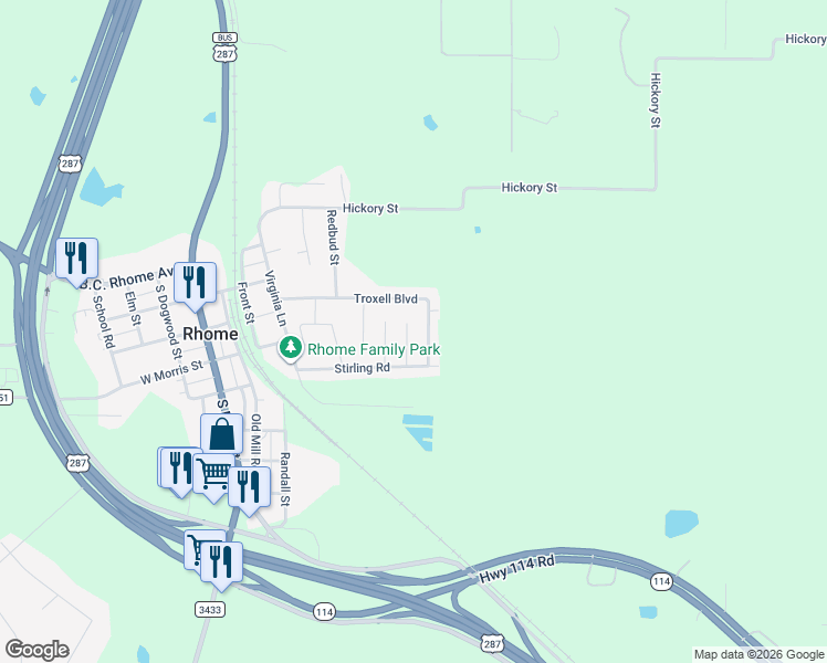 map of restaurants, bars, coffee shops, grocery stores, and more near 105 Saint James Court in Rhome