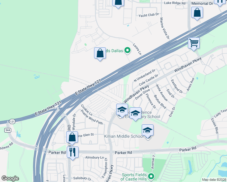 map of restaurants, bars, coffee shops, grocery stores, and more near 293 Ferndale Street in Lewisville
