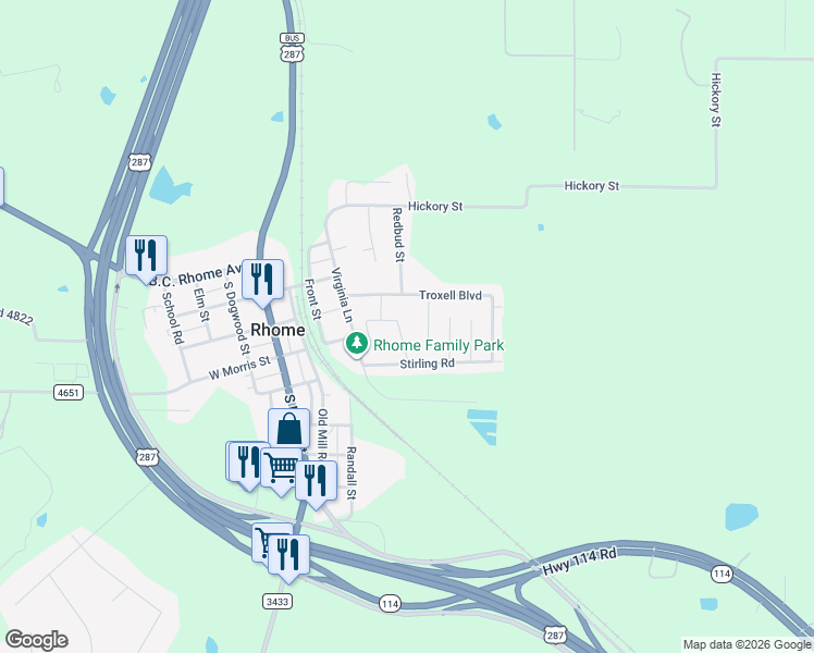 map of restaurants, bars, coffee shops, grocery stores, and more near 113 Kings Way Drive in Rhome