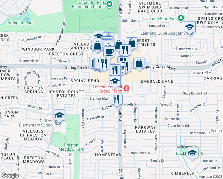 map of restaurants, bars, coffee shops, grocery stores, and more near 5805 Coit Road in Plano