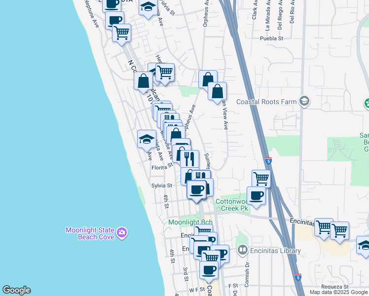 map of restaurants, bars, coffee shops, grocery stores, and more near 263 North Vulcan Avenue in Encinitas