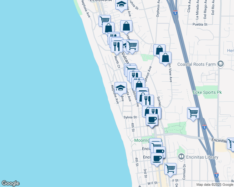 map of restaurants, bars, coffee shops, grocery stores, and more near 275 Neptune Avenue in Encinitas