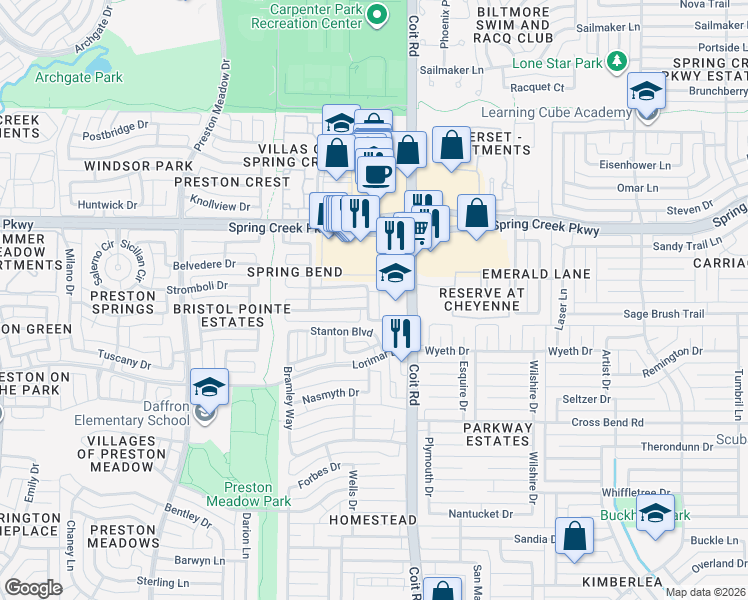 map of restaurants, bars, coffee shops, grocery stores, and more near 4100 Pinewood Drive in Plano