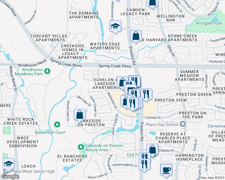 map of restaurants, bars, coffee shops, grocery stores, and more near 5900 Baywater Drive in Plano