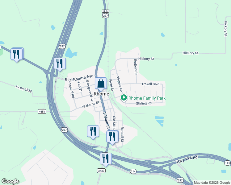 map of restaurants, bars, coffee shops, grocery stores, and more near 290 East 1st Street in Rhome