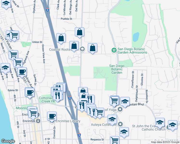 map of restaurants, bars, coffee shops, grocery stores, and more near 335 Saxony Road in Encinitas