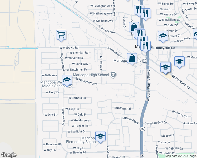 map of restaurants, bars, coffee shops, grocery stores, and more near 19156 North Taft Avenue in Maricopa
