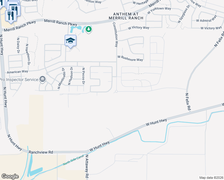 map of restaurants, bars, coffee shops, grocery stores, and more near 2257 North Hidden Canyon Drive in Florence