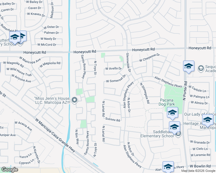 map of restaurants, bars, coffee shops, grocery stores, and more near 42521 West Somerset Drive in Maricopa