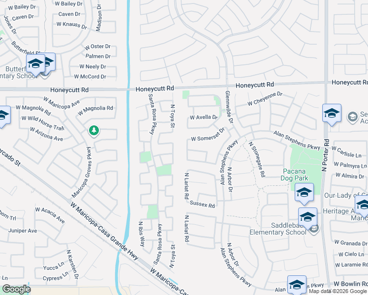 map of restaurants, bars, coffee shops, grocery stores, and more near 19192 North Lariat Road in Maricopa