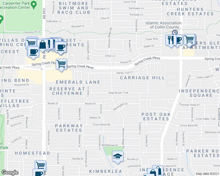 map of restaurants, bars, coffee shops, grocery stores, and more near 3429 Caleche Court in Plano