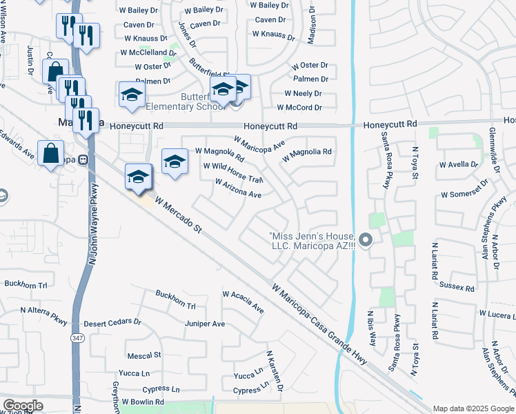 map of restaurants, bars, coffee shops, grocery stores, and more near 43613 West Arizona Avenue in Maricopa