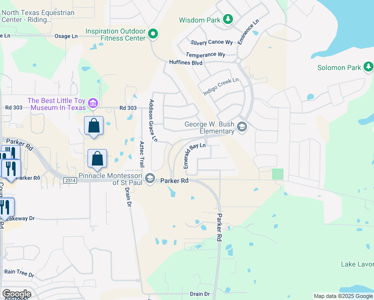map of restaurants, bars, coffee shops, grocery stores, and more near 1610 Emerald Bay Lane in Wylie