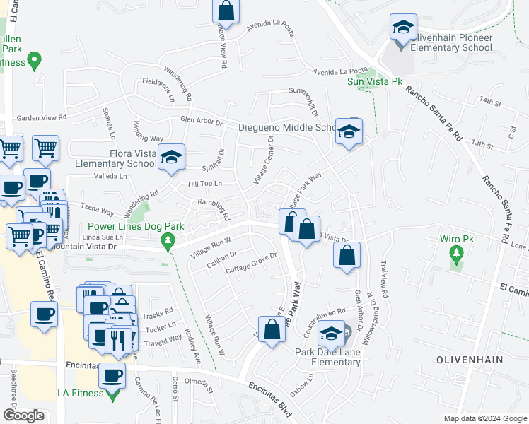 map of restaurants, bars, coffee shops, grocery stores, and more near 1974 Azure Way in Encinitas