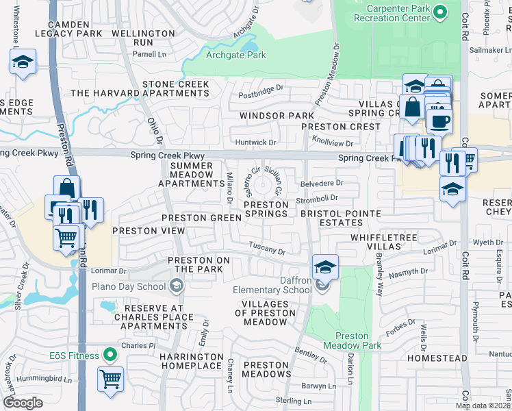 map of restaurants, bars, coffee shops, grocery stores, and more near 4509 Salerno Circle in Plano