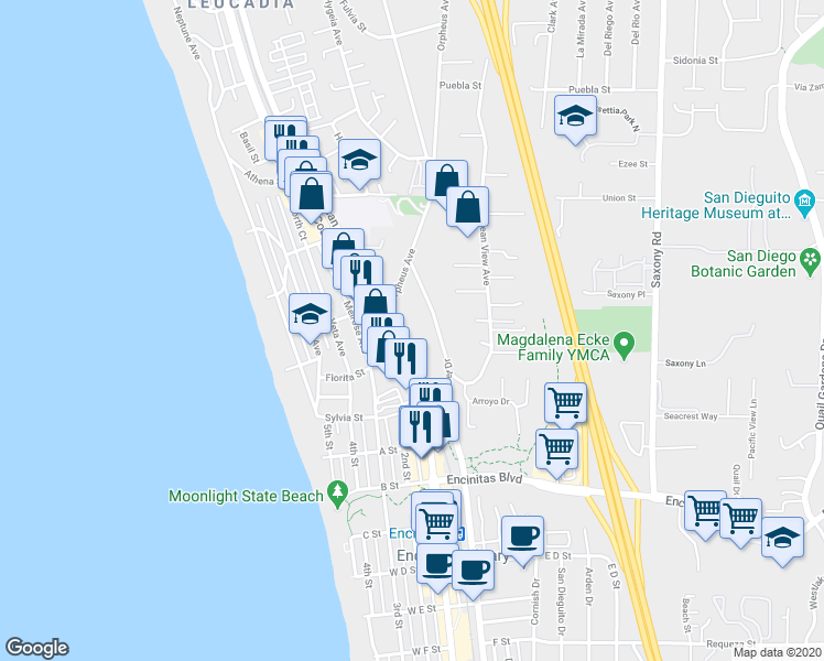 map of restaurants, bars, coffee shops, grocery stores, and more near 263 North Vulcan Avenue in Encinitas