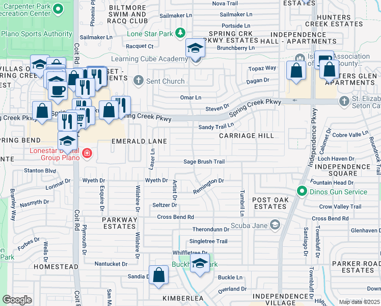 map of restaurants, bars, coffee shops, grocery stores, and more near 3429 Caleche Court in Plano