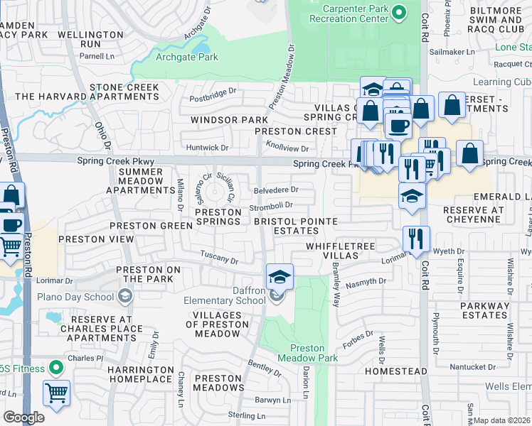map of restaurants, bars, coffee shops, grocery stores, and more near 4429 Stromboli Drive in Plano