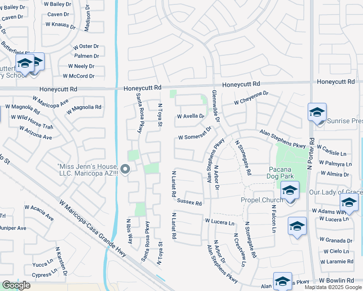 map of restaurants, bars, coffee shops, grocery stores, and more near 42521 West Somerset Drive in Maricopa