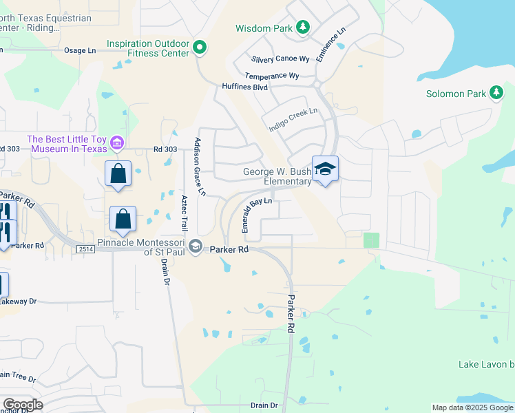 map of restaurants, bars, coffee shops, grocery stores, and more near 1610 Emerald Bay Lane in Wylie
