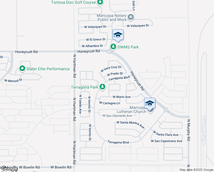 map of restaurants, bars, coffee shops, grocery stores, and more near 19166 North Del Mar Avenue in Maricopa