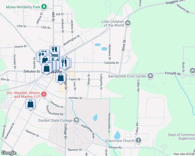 map of restaurants, bars, coffee shops, grocery stores, and more near 414 Taylor Street in Barnesville