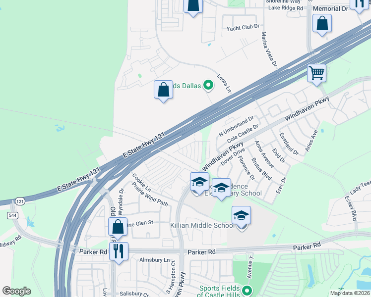 map of restaurants, bars, coffee shops, grocery stores, and more near 293 Ferndale Street in Lewisville