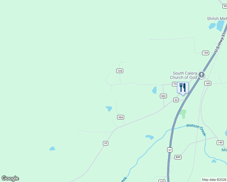 map of restaurants, bars, coffee shops, grocery stores, and more near 671 County Road 724 in Calera