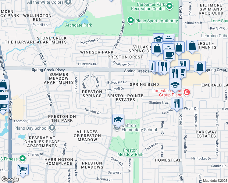 map of restaurants, bars, coffee shops, grocery stores, and more near 4429 Stromboli Drive in Plano