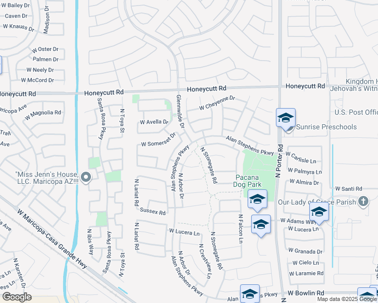 map of restaurants, bars, coffee shops, grocery stores, and more near 19148 North Arbor Drive in Maricopa