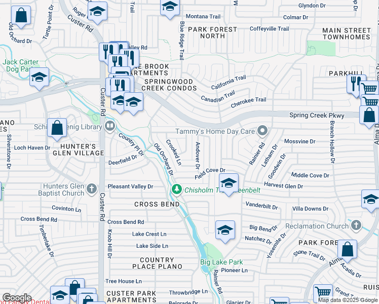 map of restaurants, bars, coffee shops, grocery stores, and more near 5020 Norfolk Drive in Plano