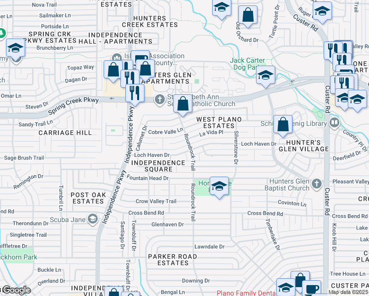 map of restaurants, bars, coffee shops, grocery stores, and more near 2700 La Vida Place in Plano