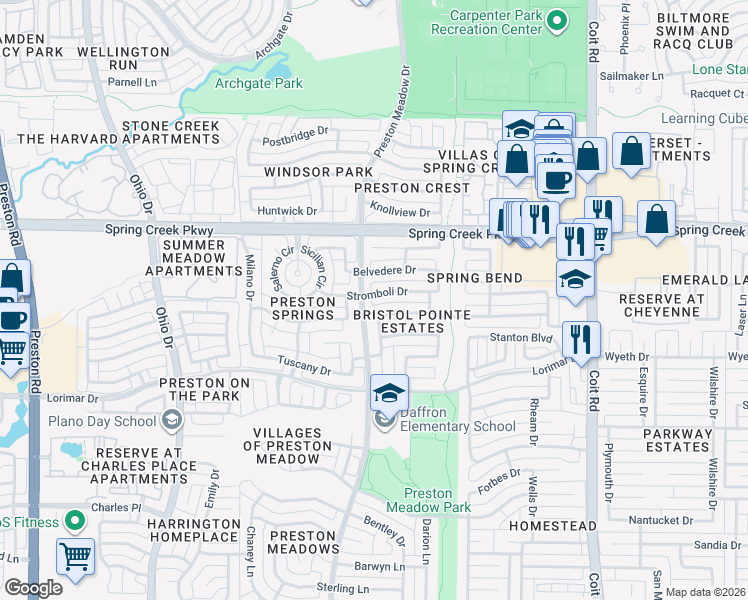 map of restaurants, bars, coffee shops, grocery stores, and more near 4429 Stromboli Drive in Plano