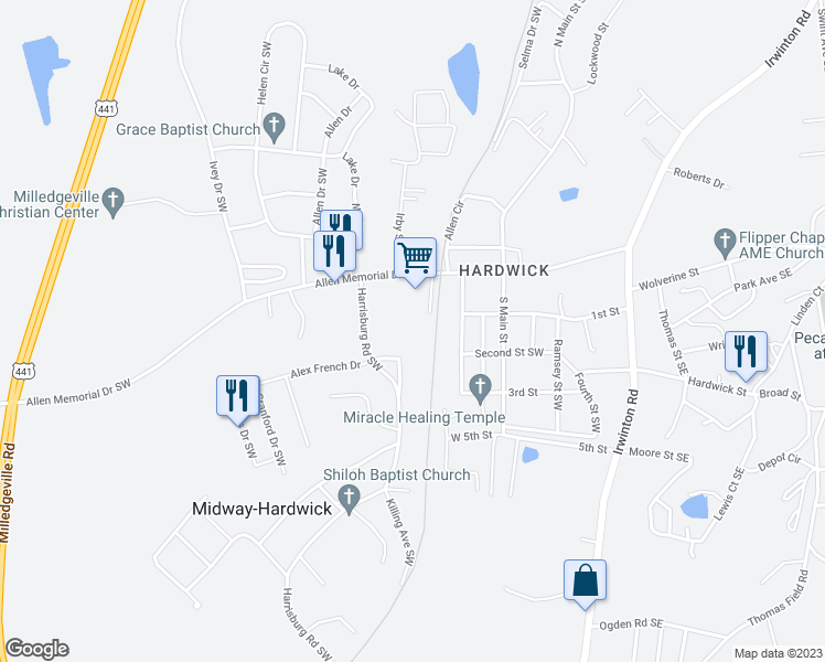 map of restaurants, bars, coffee shops, grocery stores, and more near 359 Allen Memorial Drive Southwest in Milledgeville