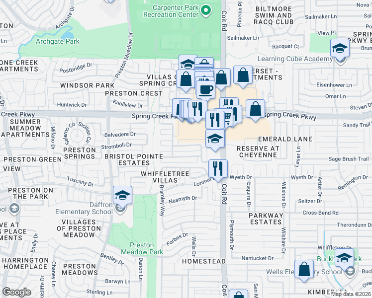 map of restaurants, bars, coffee shops, grocery stores, and more near 4204 Pinewood Drive in Plano