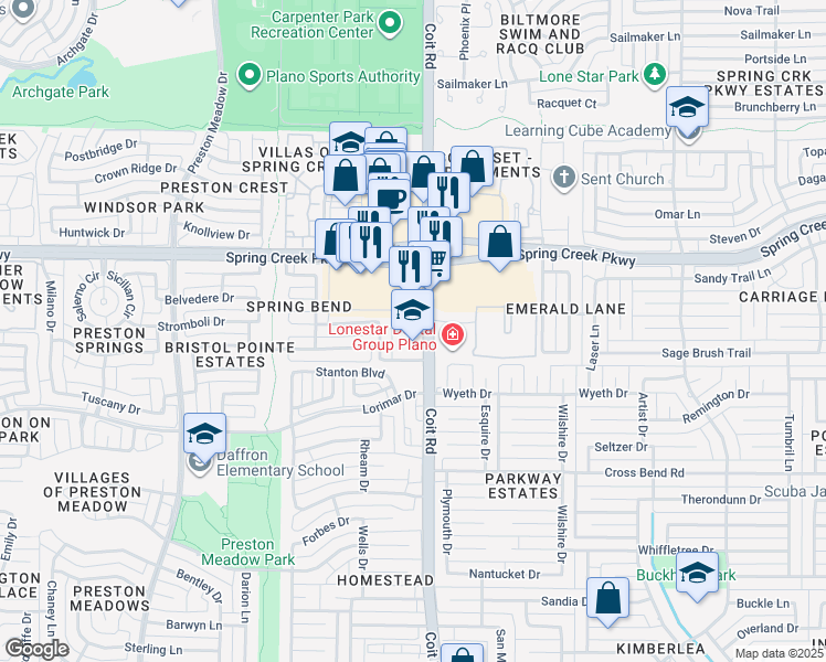 map of restaurants, bars, coffee shops, grocery stores, and more near 5805 Coit Road in Plano