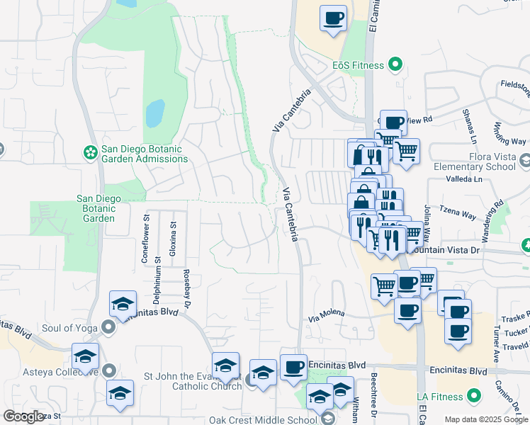 map of restaurants, bars, coffee shops, grocery stores, and more near 479 Sandalwood Court in Encinitas